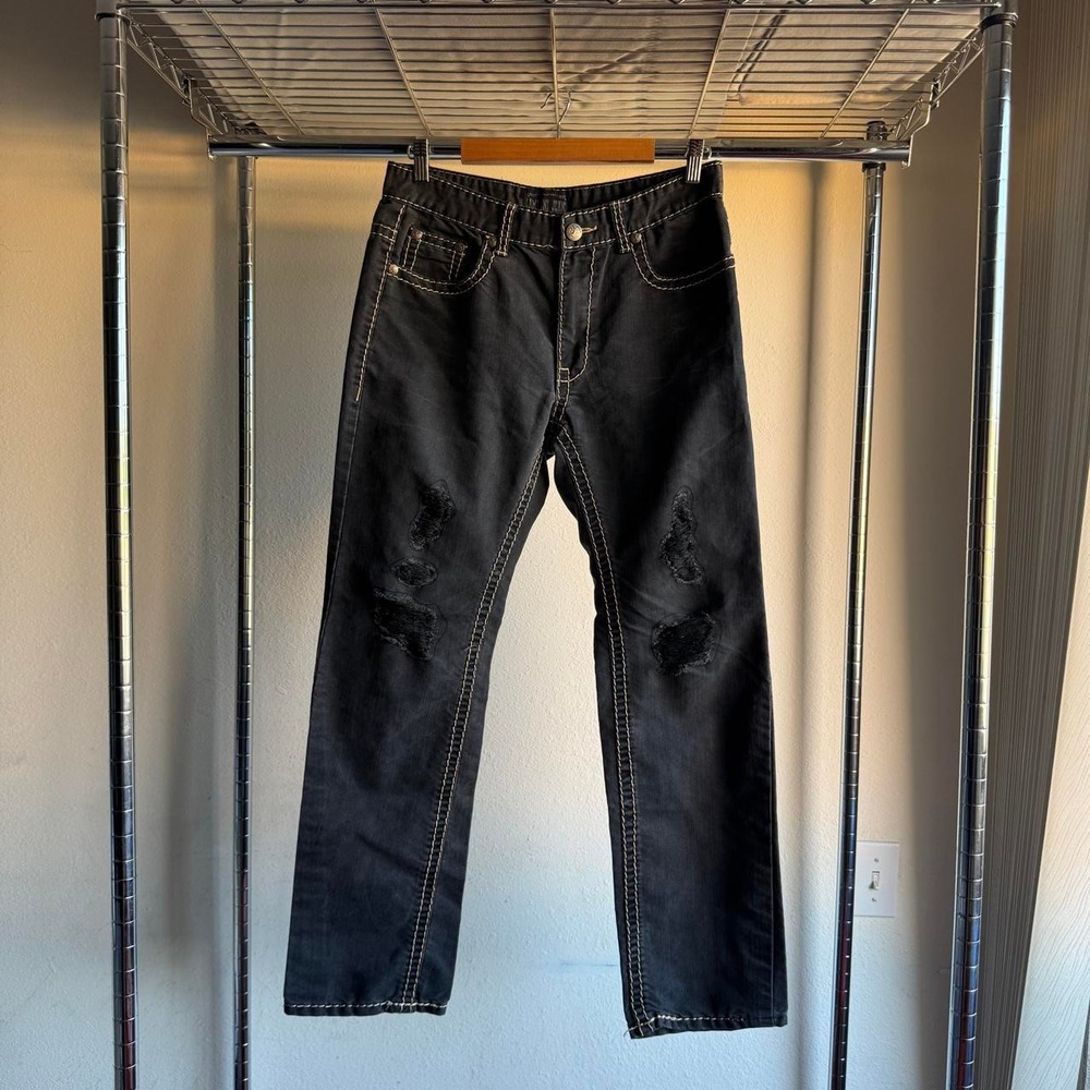 Lamasini Black Thick Stitch Distressed Straight Leg Biker Jeans Mens 32x32